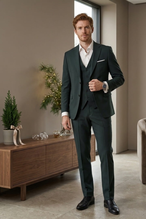 Костюм-тройка изумрудного цвета, материал: Вискоза - 38%, Лайкра - 2%, Хлопок - 15%, Шерсть - 44%. Комплект: Брюки, Жилет, Пиджак. Фото 1
