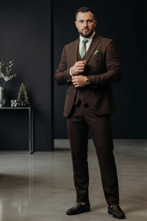 Костюм-тройка коричневого цвета, материал: Вискоза - 38%, Лайкра - 2%, Хлопок - 15%, Шерсть - 44%. Комплект: Брюки, Жилет, Пиджак. Фото 1