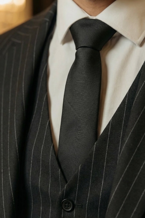 Костюм-тройка черного цвета в полоску, материал: Вискоза - 38%, Лайкра - 2%, Хлопок - 15%, Шерсть - 44%. Комплект: Брюки, Жилет, Пиджак. Фото 3