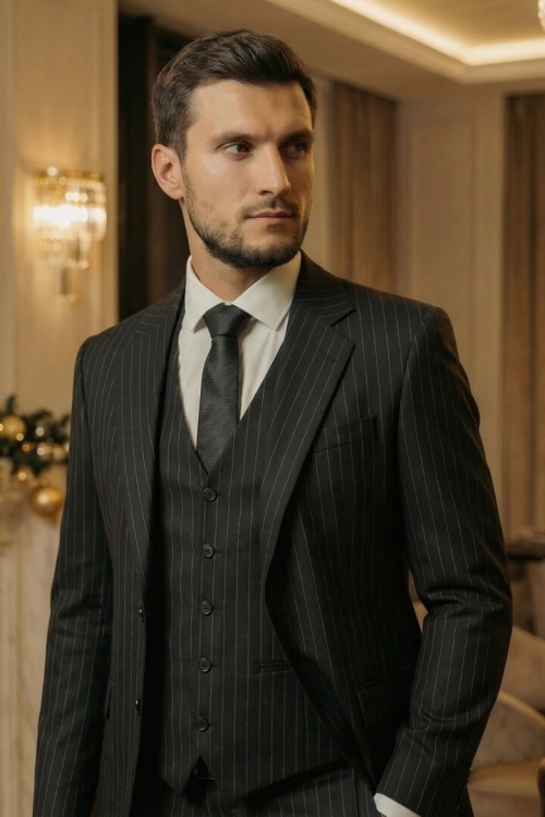 Костюм-тройка черного цвета в полоску, материал: Вискоза - 38%, Лайкра - 2%, Хлопок - 15%, Шерсть - 44%. Комплект: Брюки, Жилет, Пиджак. Фото 2