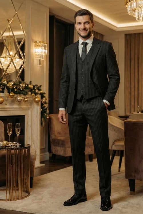 Костюм-тройка черного цвета в полоску, материал: Вискоза - 38%, Лайкра - 2%, Хлопок - 15%, Шерсть - 44%. Комплект: Брюки, Жилет, Пиджак. Фото 1