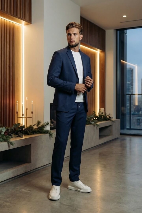 Костюм-двойка синего цвета, материал: Вискоза - 38%, Лайкра - 2%, Хлопок - 15%, Шерсть - 44%. Комплект: Брюки, Пиджак. Фото 1