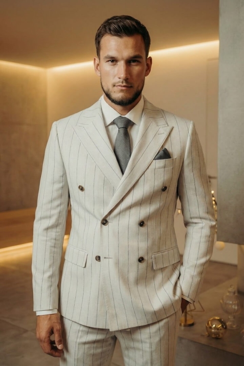 Костюм двубортный серого цвета в полоску, материал: Вискоза - 38%, Лайкра - 2%, Хлопок - 15%, Шерсть - 44%. Комплект: Брюки, Пиджак. Фото 2