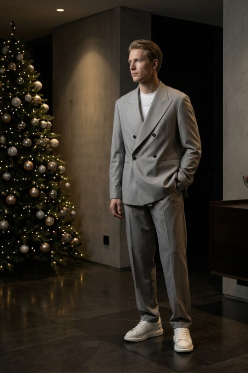 Костюм оверсайз серого цвета, материал: Вискоза - 38%, Лайкра - 2%, Хлопок - 15%, Шерсть - 44%. Комплект: Брюки, Пиджак. Фото 1