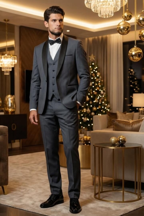 Смокинг серого цвета, материал: Вискоза - 38%, Лайкра - 2%, Хлопок - 15%, Шерсть - 44%. Комплект: Брюки, Пиджак, Жилет. Фото 1