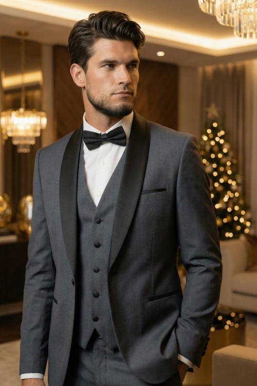 Смокинг серого цвета, материал: Вискоза - 38%, Лайкра - 2%, Хлопок - 15%, Шерсть - 44%. Комплект: Брюки, Пиджак, Жилет. Фото 2