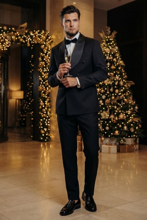 Смокинг черного цвета, материал: Вискоза - 38%, Лайкра - 2%, Хлопок - 15%, Шерсть - 44%. Комплект: Брюки, Пиджак. Фото 1