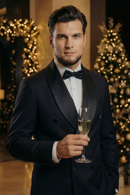 Смокинг черного цвета, материал: Вискоза - 38%, Лайкра - 2%, Хлопок - 15%, Шерсть - 44%. Комплект: Брюки, Пиджак. Фото 2