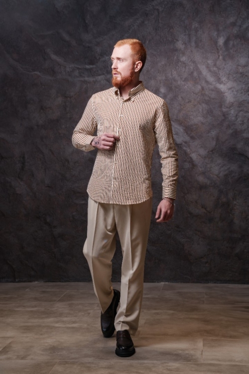 Рубашка в бежевую полоску, материал: Хлопок - 45%, Вискоза - 45%. Фото 3